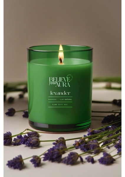 Lavanta Kokulu Doğal Soya Mum, Yeşil Bardakta, 280 Cc, Ferah ve Huzurlu Atmosfer Sağlar modelleri