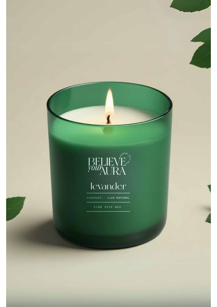 Lavanta Kokulu Doğal Soya Mum, Yeşil Bardakta, 280 Cc, Ferah ve Huzurlu Atmosfer Sağlar