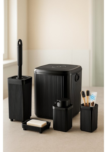 Lines Serisi Siyah Banyo Seti, 5 Parça Akrilik Kare 5 Litre Çöp Kovası, Sabunluk, Fırçalık Takımı 3462
