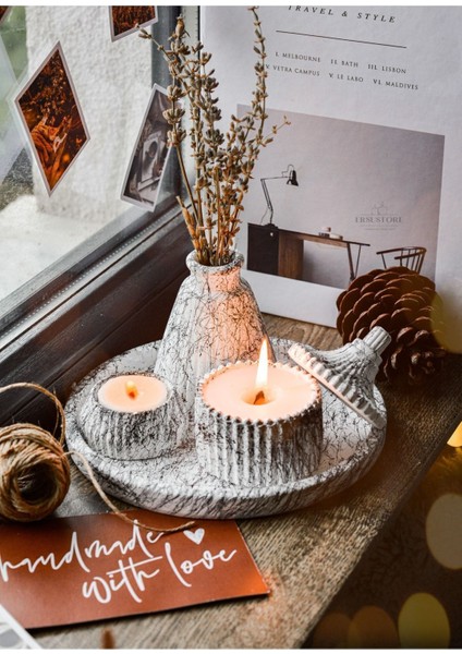 5 Parça Mermer Desenli Beton Vazo ve Vanilya Kokulu Soya Wax Mum Takımı
