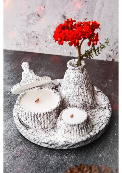5 Parça Mermer Desenli Beton Vazo ve Vanilya Kokulu Soya Wax Mum Takımı modelleri