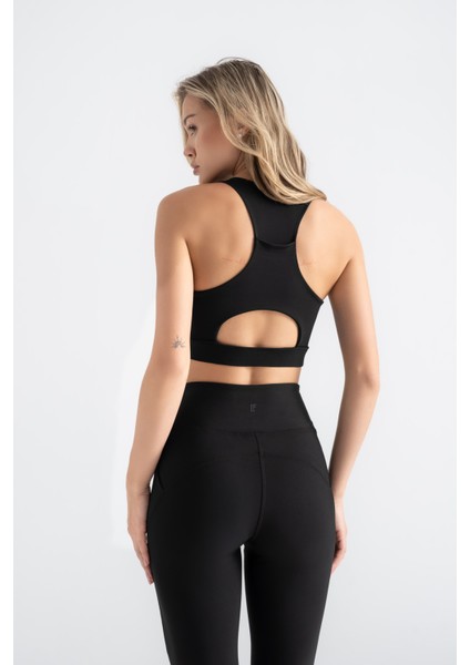 Kadın Sporcu Büstiyer Siyah Renk Destekli Push-Up Askılı Slim Fit Crop