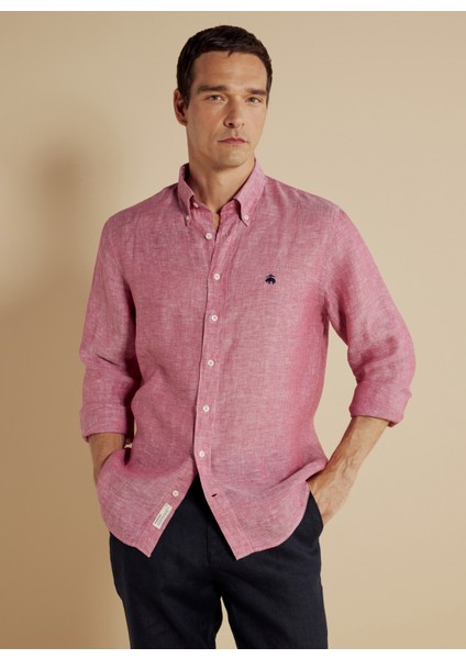 Regular Fit Düğmeli Yaka Koyu Pembe Erkek Gömlek BBSS25MSH012