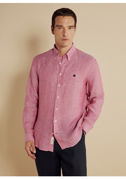 Regular Fit Düğmeli Yaka Koyu Pembe Erkek Gömlek BBSS25MSH012