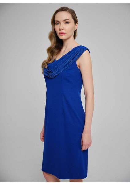 Degaje Yaka Taşlı Saks Standart Kadın Elbise 25YSL7644 fiyatları