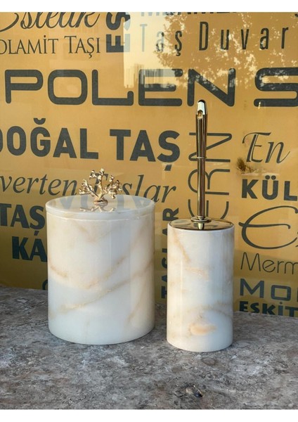 Bal Mermer Çöp Kovası ve Fırçalık 2'li Set