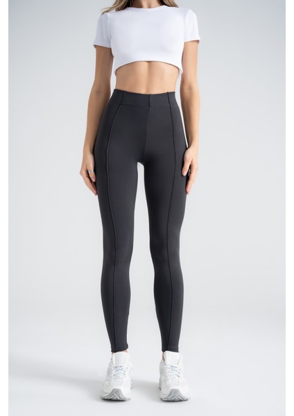 Kadın Toparlayıcı Tayt Antrasit Nervürlü Yüksek Bel Slim Fit, Dar Paça Sporcu Tayt