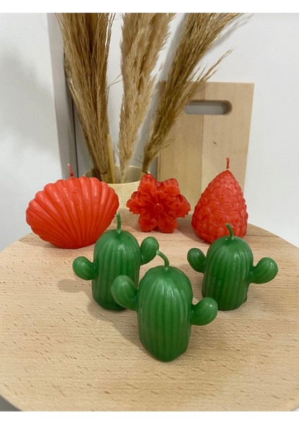 Yeşil Kırmızı Kaktüslü Yılbaşı Mum Setleri, 6'lı Paket, Güzel Dekorasyon Seçeneği