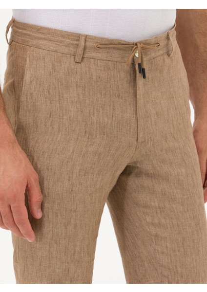 Erkek Kahverengi Slim Fit Beli Bağcıklı %100 Keten Pantolon 50268873-VR029