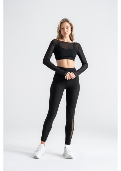 Kadın Siyah Transparan Detaylı Uzun Kollu Crop Üst Askılı Iç Crop ile Takım, Esnek Kumaş