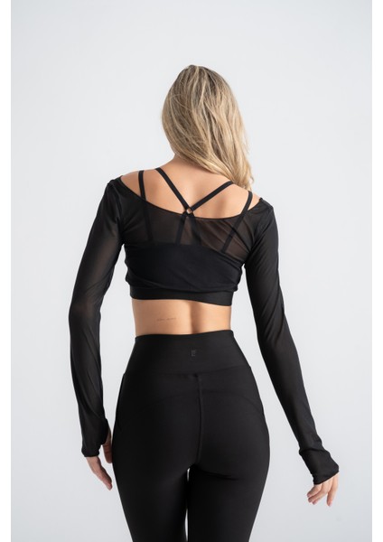 Kadın Siyah Transparan Detaylı Uzun Kollu Crop Üst Askılı Iç Crop ile Takım, Esnek Kumaş fiyatları