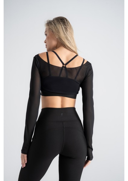 Kadın Siyah Transparan Detaylı Uzun Kollu Crop Üst Askılı Iç Crop ile Takım, Esnek Kumaş modelleri