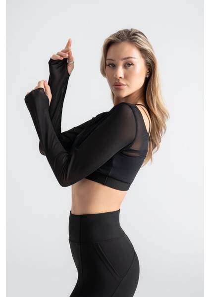 Kadın Siyah Transparan Detaylı Uzun Kollu Crop Üst Askılı Iç Crop ile Takım, Esnek Kumaş fırsatları
