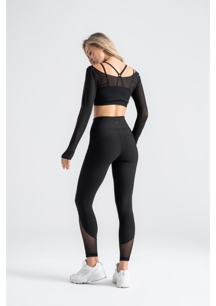Kadın Siyah Transparan Detaylı Uzun Kollu Crop Üst Askılı Iç Crop ile Takım, Esnek Kumaş indirimleri