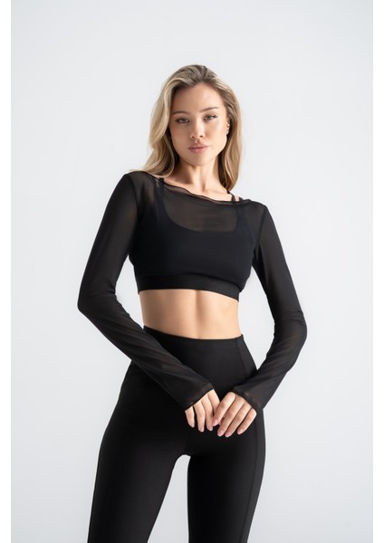 Kadın Siyah Transparan Detaylı Uzun Kollu Crop Üst Askılı Iç Crop ile Takım, Esnek Kumaş