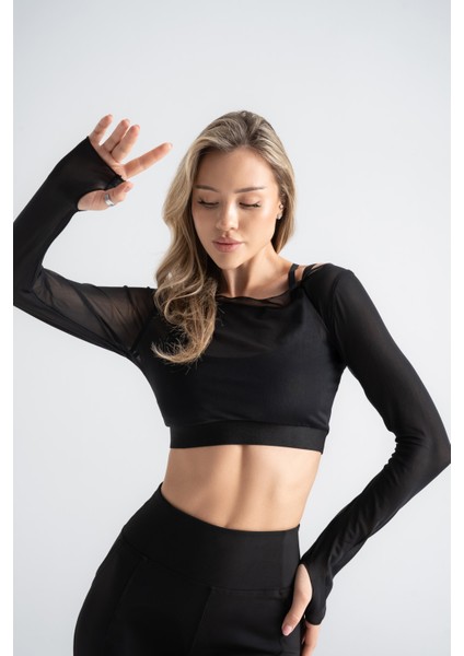 Kadın Siyah Transparan Detaylı Uzun Kollu Crop Üst Askılı Iç Crop ile Takım, Esnek Kumaş