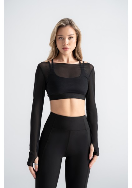 Kadın Siyah Transparan Detaylı Uzun Kollu Crop Üst Askılı Iç Crop ile Takım, Esnek Kumaş