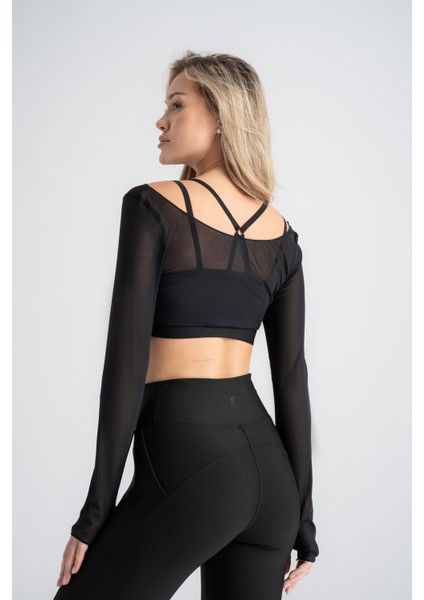 Kadın Siyah Transparan Detaylı Uzun Kollu Crop Üst Askılı Iç Crop ile Takım, Esnek Kumaş