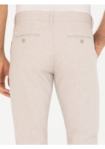 Erkek Bej Slim Fit Keten Karışımlı Kanvas Pantolon 50266863-VR011