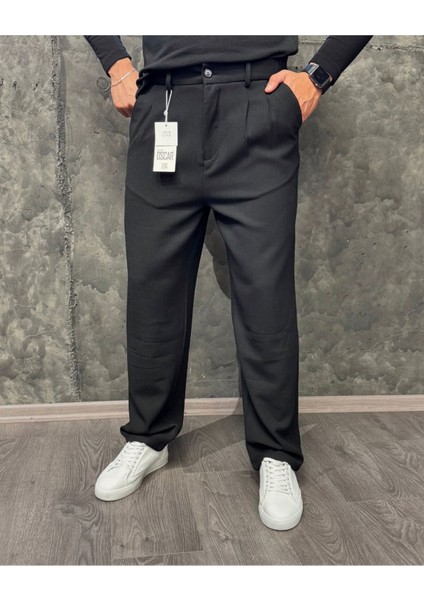 Gardolap Vıp Giyim Erkek Pamuk Karışımlı Beli Kemerli Baggy Fit Kendinden Çizgi Desenli Bol Paça Pantolon