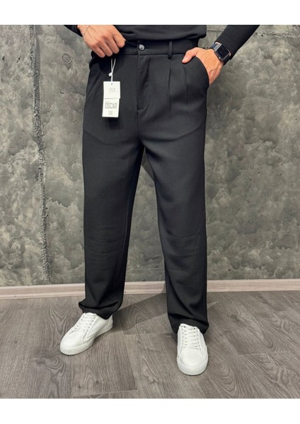 Gardolap Vıp Giyim Erkek Pamuk Karışımlı Beli Kemerli Baggy Fit Kendinden Çizgi Desenli Bol Paça Pantolon