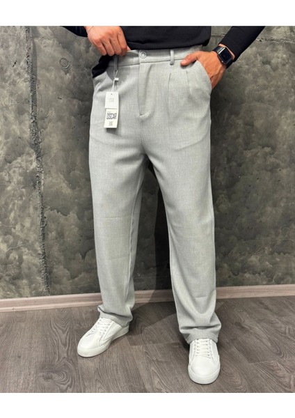 Gardolap Vıp Giyim Erkek Pamuk Karışımlı Beli Kemerli Baggy Fit Kendinden Çizgi Desenli Bol Paça Pantolon