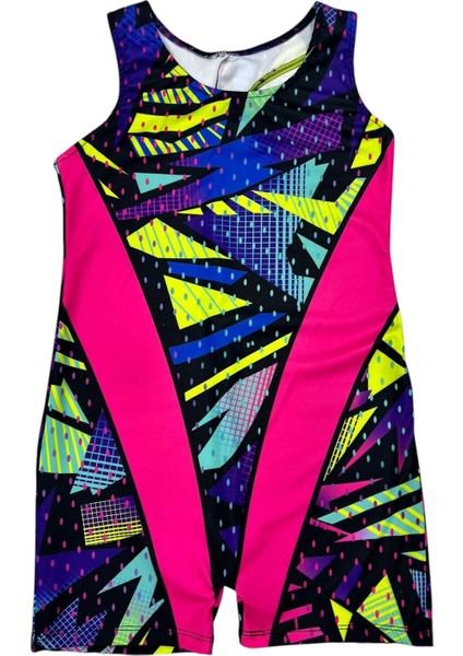 Kız Çocuk Neon Renkler Geometrik Desen Geçişli Yüzücü Tarz Mayo