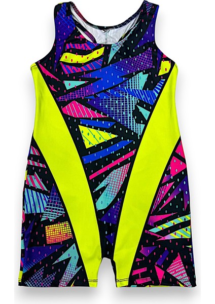 Kız Çocuk Neon Renkler Geometrik Desen Geçişli Yüzücü Tarz Mayo