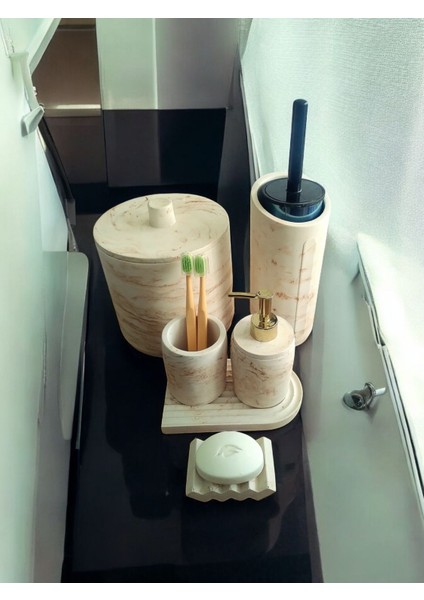Mermer Serisi Kahve Bej Beton Banyo Seti,çöp Kovasi,tuvalet Fırçası Takimı
