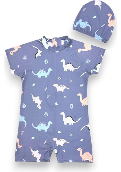 Erkek Çocuk Açık Füme Renk Dinozor Baskı Desen Kısa Kollu Tam Vücut Mayo Takımı
