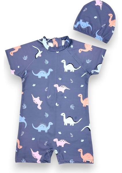 Erkek Çocuk Açık Füme Renk Dinozor Baskı Desen Kısa Kollu Tam Vücut Mayo Takımı fiyatları