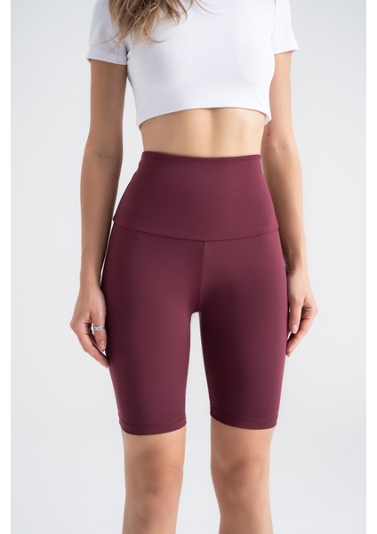 Kadın Kısa Spor Tayt Bordo Yüksek Bel Toparlayıcı Iç Göstermeyen Slim Fit