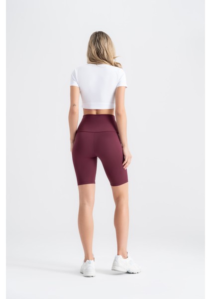 Kadın Kısa Spor Tayt Bordo Yüksek Bel Toparlayıcı Iç Göstermeyen Slim Fit