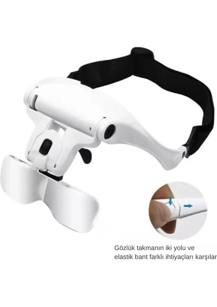 MG-9892 LED Işıklı Gözlük Kafa Büyüteci – 5 Farklı Mercek, Ayarlanabilir Loop Gözlük 2 LED ’li