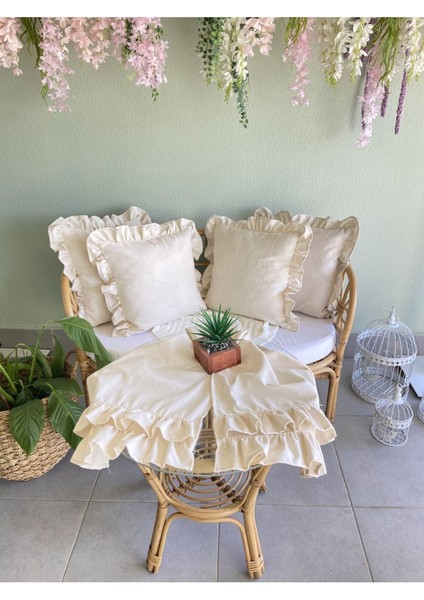 Keten Bohem Fırfırlı Vintage Çok Amaçlı Çift Kat Runner Set