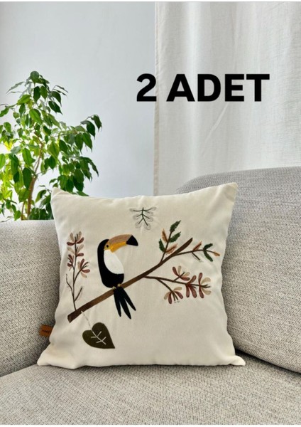 Tukan Kuşu Desenli Nakışlı Dekoratif Kırlent Kılıfı 43X43 cm 2'li Set Bej