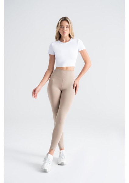 Kadın Sporcu Tayt Açık Vizon Renkli, Yüksek Bel Toparlayıcı Dar Paça Slim Fit fiyatları