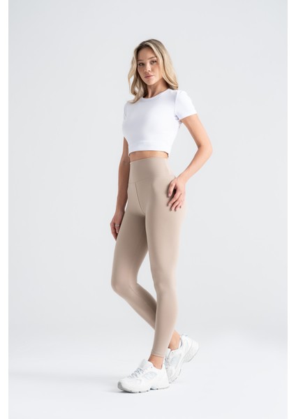 Kadın Sporcu Tayt Açık Vizon Renkli, Yüksek Bel Toparlayıcı Dar Paça Slim Fit modelleri
