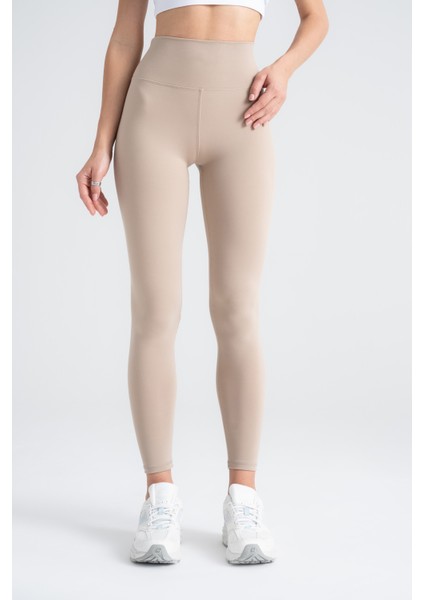 Kadın Sporcu Tayt Açık Vizon Renkli, Yüksek Bel Toparlayıcı Dar Paça Slim Fit