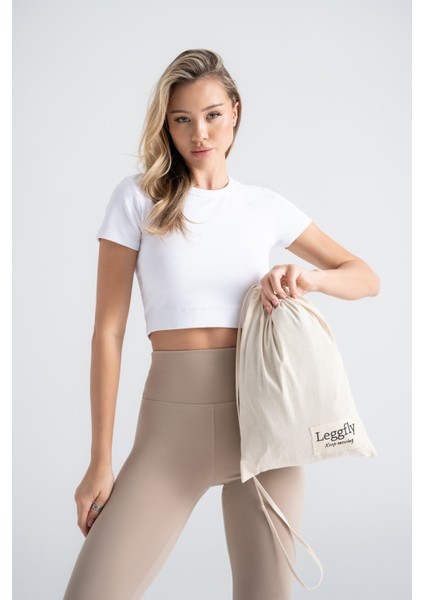 Kadın Sporcu Tayt Açık Vizon Renkli, Yüksek Bel Toparlayıcı Dar Paça Slim Fit