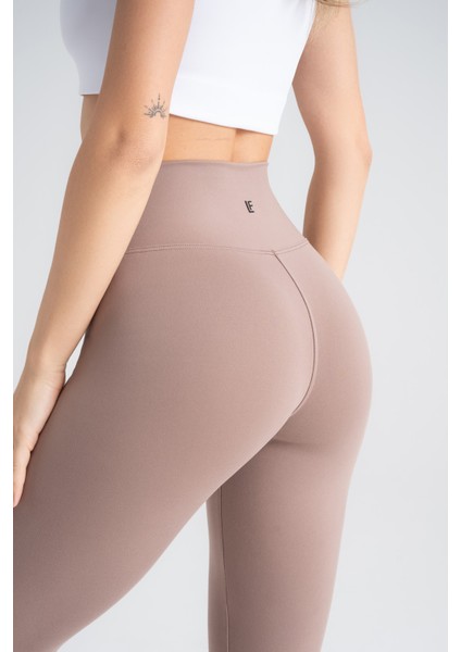 Kadın Sporcu Tayt Koyu Vizon Renkli, Yüksek Bel Toparlayıcı Dar Paça Slim Fit