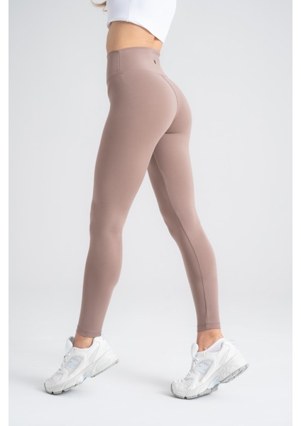 Kadın Sporcu Tayt Koyu Vizon Renkli, Yüksek Bel Toparlayıcı Dar Paça Slim Fit