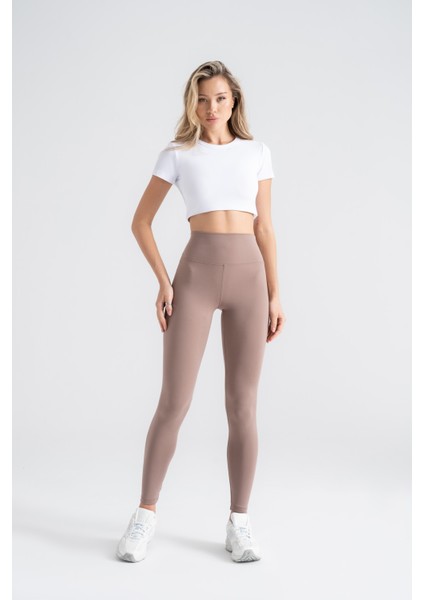 Kadın Sporcu Tayt Koyu Vizon Renkli, Yüksek Bel Toparlayıcı Dar Paça Slim Fit