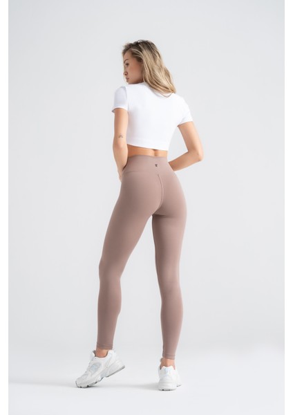 Kadın Sporcu Tayt Koyu Vizon Renkli, Yüksek Bel Toparlayıcı Dar Paça Slim Fit modelleri