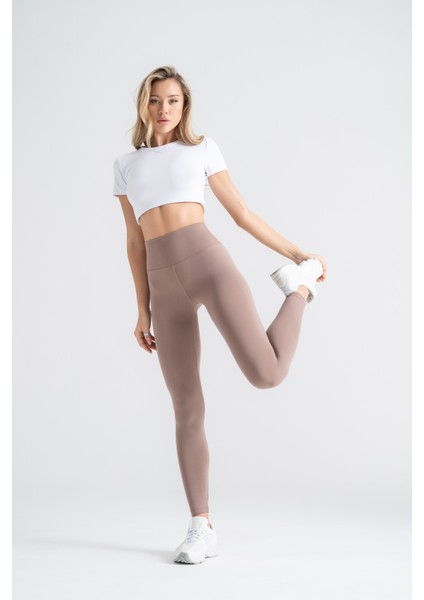 Kadın Sporcu Tayt Koyu Vizon Renkli, Yüksek Bel Toparlayıcı Dar Paça Slim Fit fırsatları