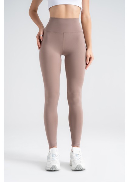 Kadın Sporcu Tayt Koyu Vizon Renkli, Yüksek Bel Toparlayıcı Dar Paça Slim Fit