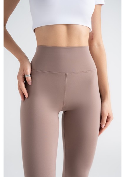 Kadın Sporcu Tayt Koyu Vizon Renkli, Yüksek Bel Toparlayıcı Dar Paça Slim Fit