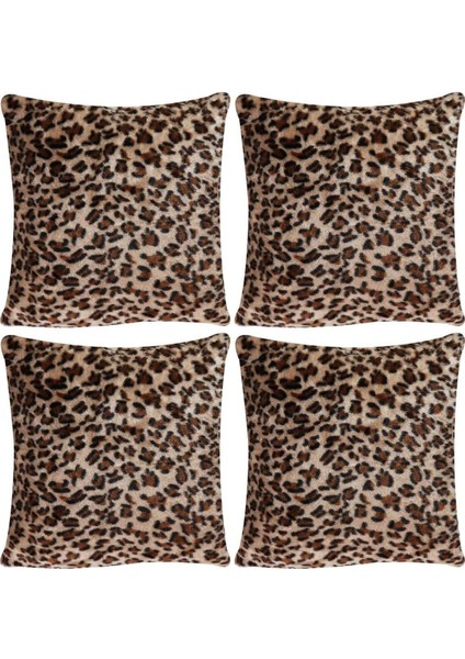 Leopar Desenli Peluş Kırlent Kılıfı 4'lü Set, Rahat ve Şık Dekorasyon Hediye