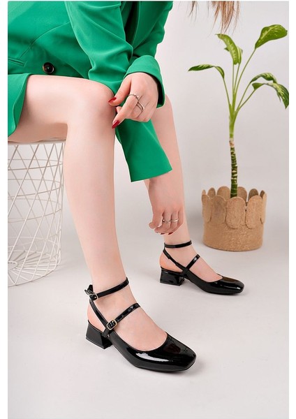 Bordo Rugan Kadın Kare Küt Burunlu Topuklu Ayakkabı