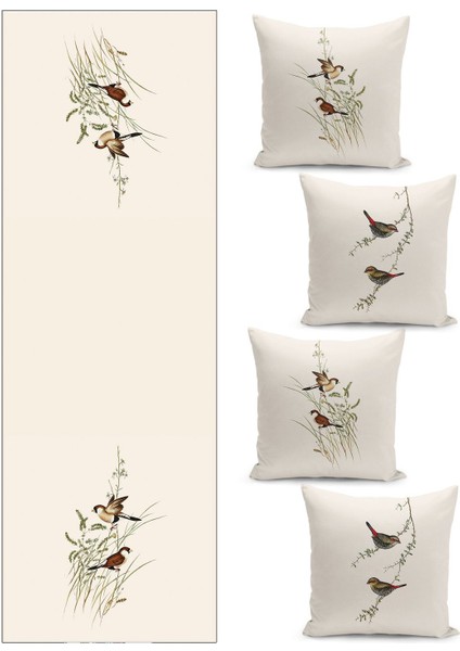 Ekru Kuş Desenli Filament Özel Dört Parça Kırlent ve Runer Set